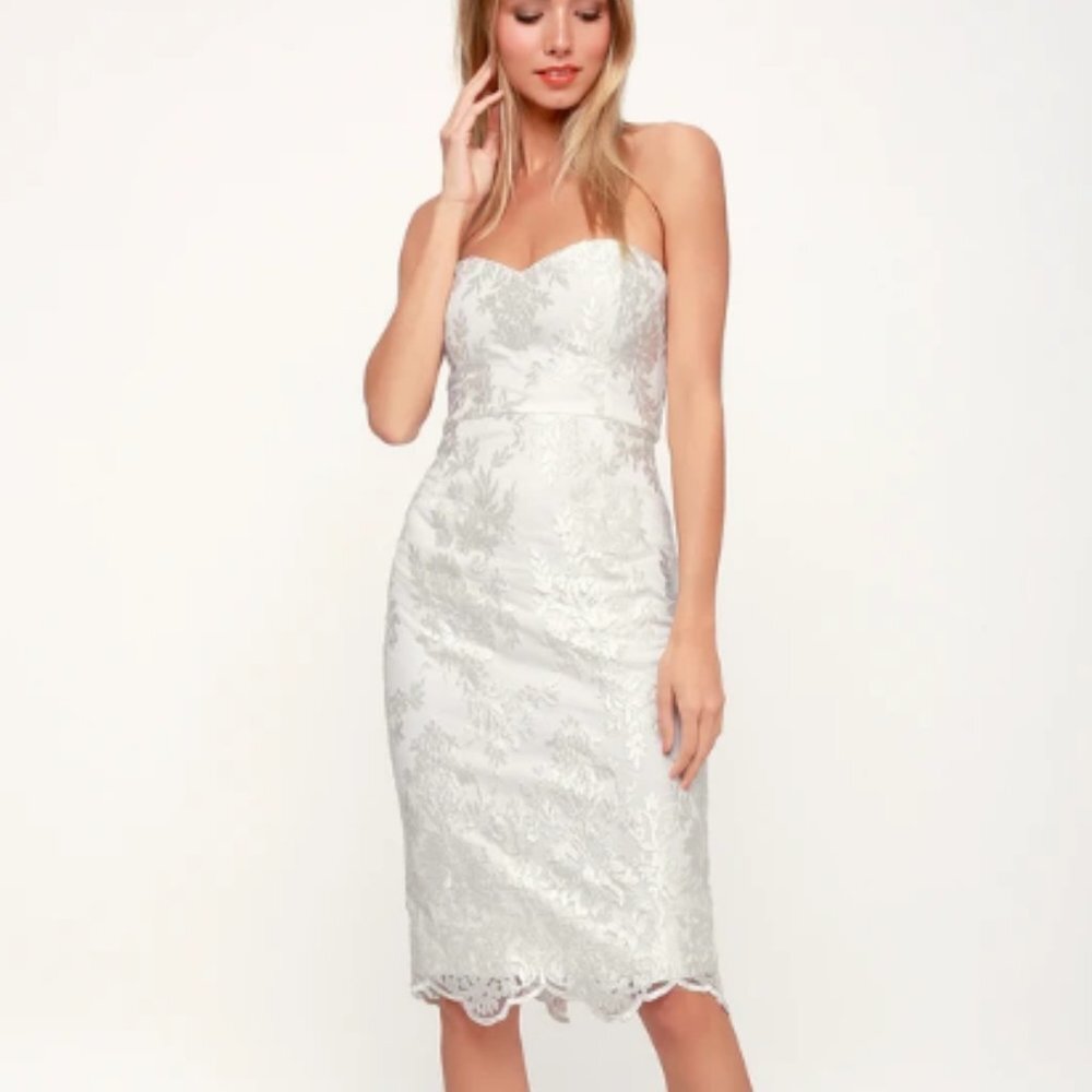 Lulu's White Strapless Lace Sheath Dress